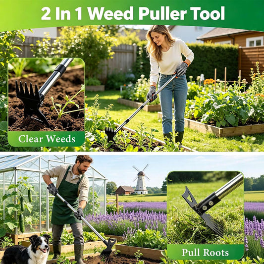 Weed Puller Tool with Long Handle – 58" Manual Weeder Remover Tool, 2-in-1 Handle Garden Hoe and Weed Rake, Hoe Garden Tool, Uprooting Weeding Tool for Yard, Lawn, Patio and Garden
