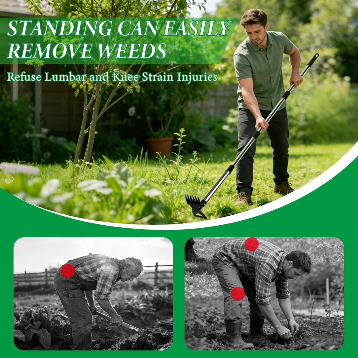 Weed Puller Tool with Long Handle – 58" Manual Weeder Remover Tool, 2-in-1 Handle Garden Hoe and Weed Rake, Hoe Garden Tool, Uprooting Weeding Tool for Yard, Lawn, Patio and Garden