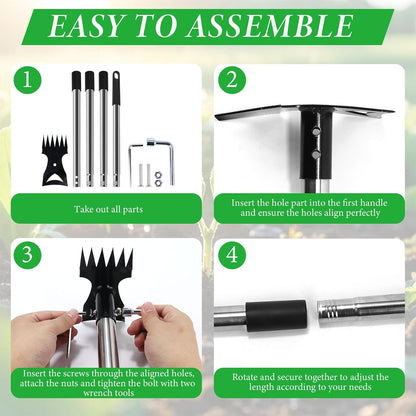 Weed Puller Tool with Long Handle – 58" Manual Weeder Remover Tool, 2-in-1 Handle Garden Hoe and Weed Rake, Hoe Garden Tool, Uprooting Weeding Tool for Yard, Lawn, Patio and Garden