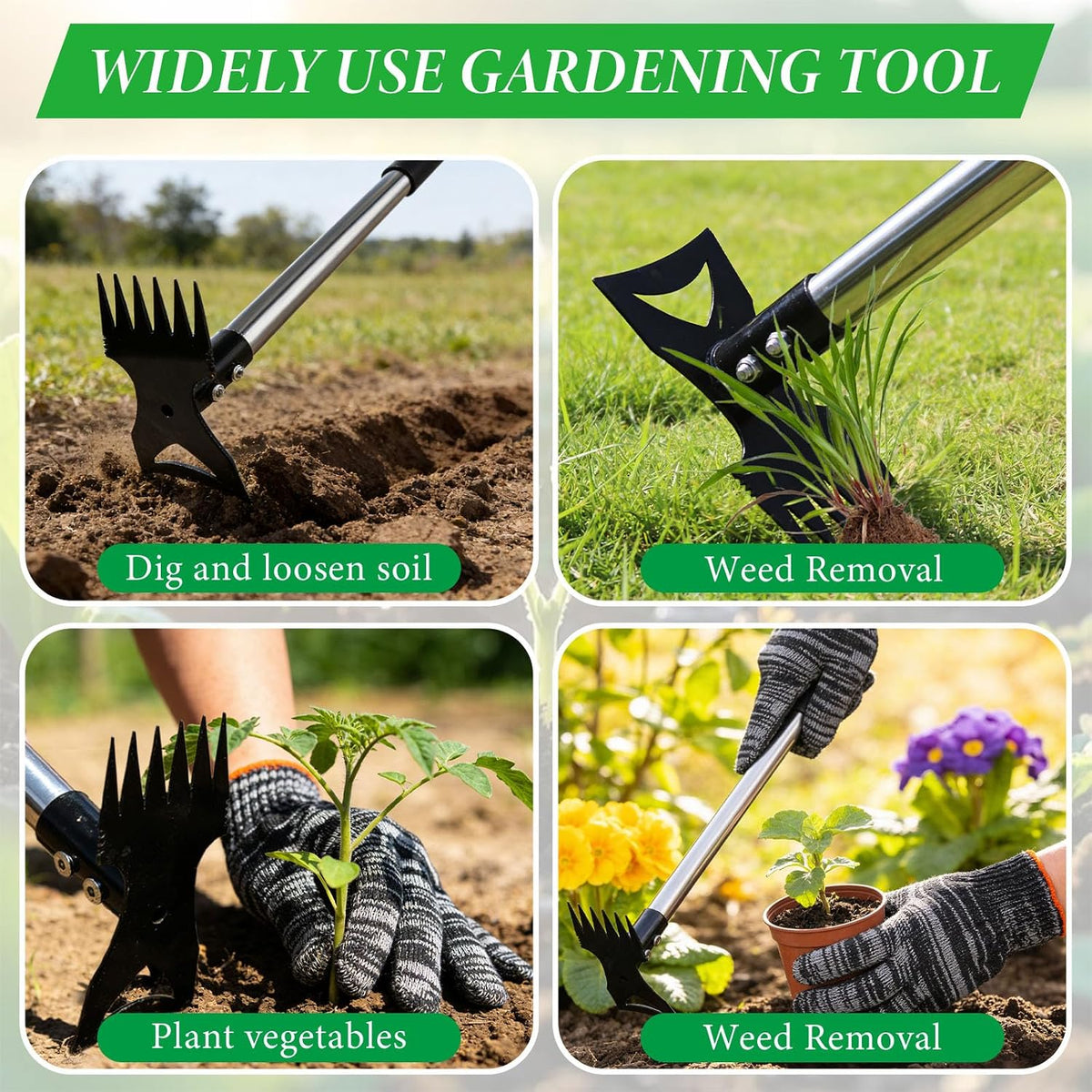 Weed Puller Tool with Long Handle – 58" Manual Weeder Remover Tool, 2-in-1 Handle Garden Hoe and Weed Rake, Hoe Garden Tool, Uprooting Weeding Tool for Yard, Lawn, Patio and Garden