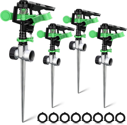 4 Pcs Impact Lawn Sprinkler for Yard Heavy Duty Water Plastic Sprinkler Head with Zinc Alloy Spike Base Adjustable 360 Degree Pulsating Sprinklers for Large Area Yard Lawn Garden Irrigation