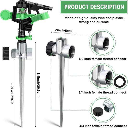 4 Pcs Impact Lawn Sprinkler for Yard Heavy Duty Water Plastic Sprinkler Head with Zinc Alloy Spike Base Adjustable 360 Degree Pulsating Sprinklers for Large Area Yard Lawn Garden Irrigation