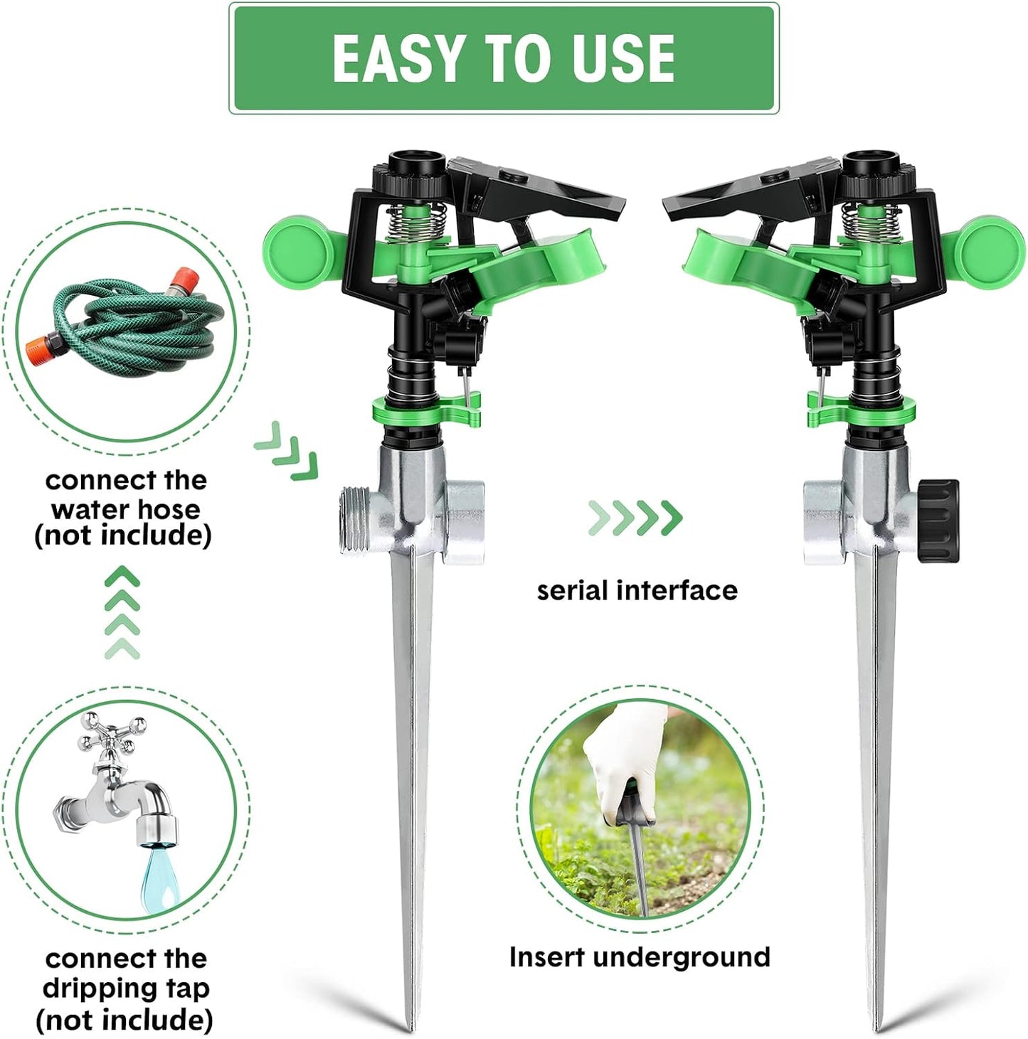4 Pcs Impact Lawn Sprinkler for Yard Heavy Duty Water Plastic Sprinkler Head with Zinc Alloy Spike Base Adjustable 360 Degree Pulsating Sprinklers for Large Area Yard Lawn Garden Irrigation