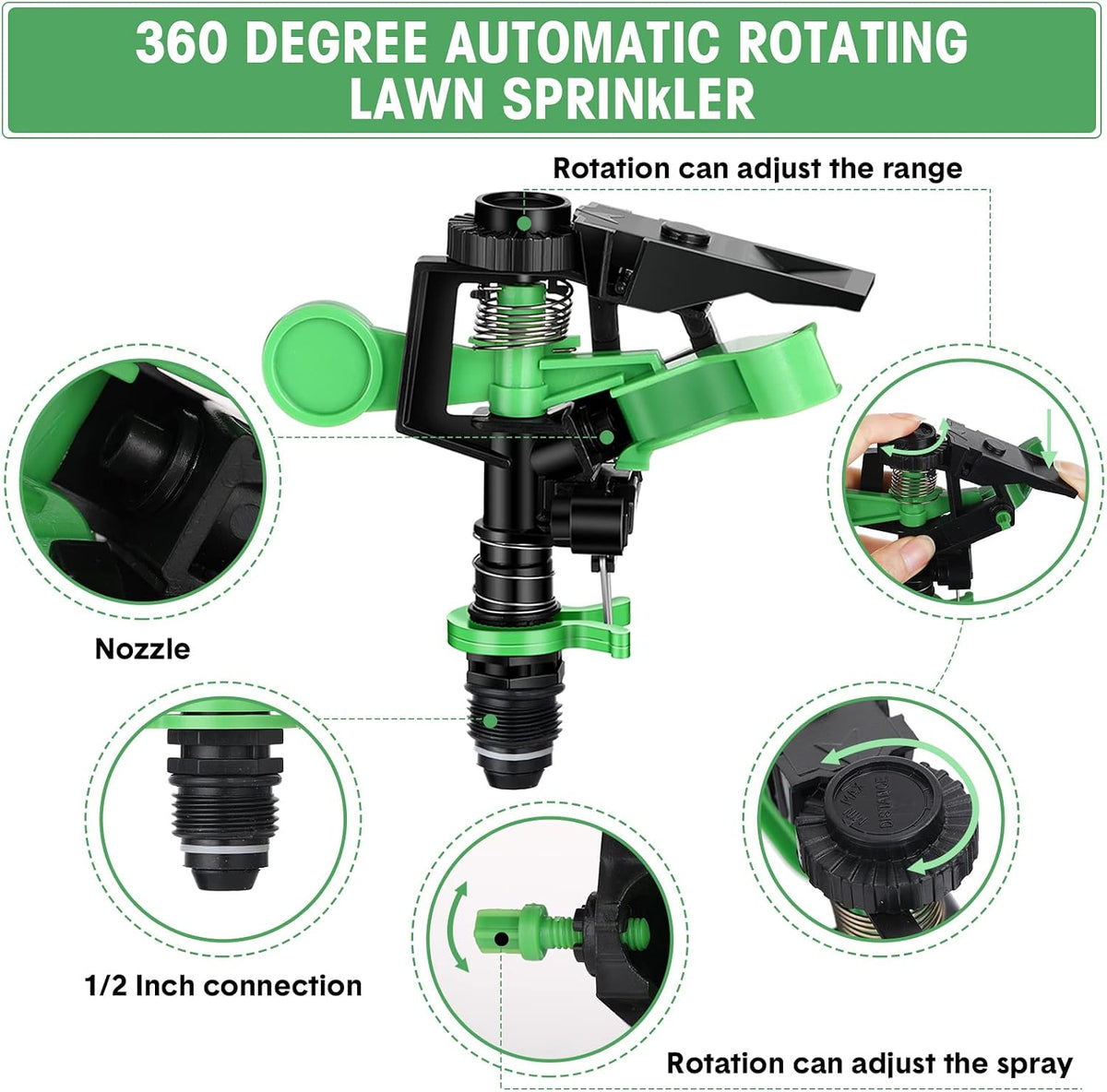 4 Pcs Impact Lawn Sprinkler for Yard Heavy Duty Water Plastic Sprinkler Head with Zinc Alloy Spike Base Adjustable 360 Degree Pulsating Sprinklers for Large Area Yard Lawn Garden Irrigation
