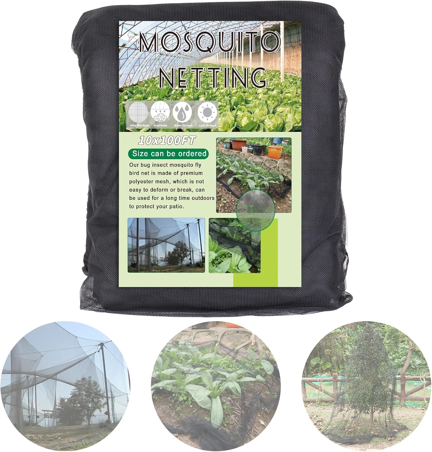 10x100 FT Black Garden Netting Mosquito Insect Mesh Plant Protection Cover