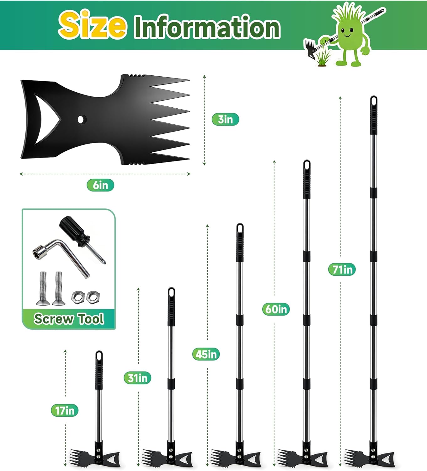 71in Weed Puller Tool with Long Handle, Adjustable Garden Hoe and Weed Rake