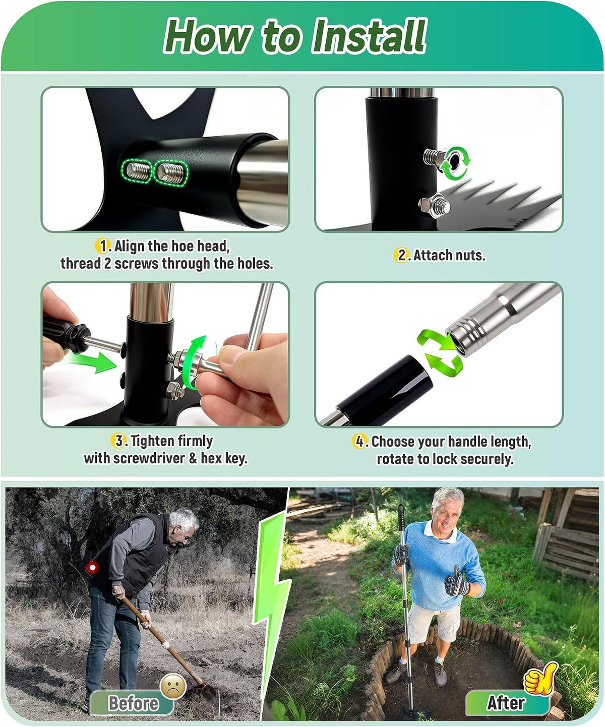 71in Weed Puller Tool with Long Handle, Adjustable Garden Hoe and Weed Rake
