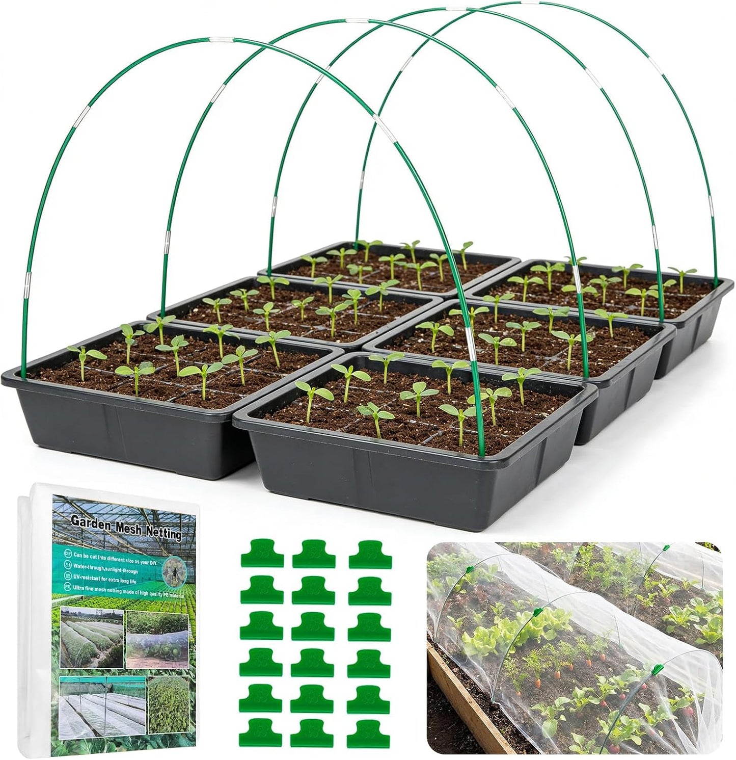 Garden Mesh Netting Kit with Hoops, 36Pcs Greenhouse Hoops Grow Tunnel Garden Covers for Raised Bed Fiberglass Frame Plant Protection Row Cover for Vegetable Fruit Flowers