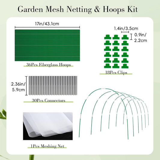 Garden Mesh Netting Kit with Hoops, 36Pcs Greenhouse Hoops Grow Tunnel Garden Covers for Raised Bed Fiberglass Frame Plant Protection Row Cover for Vegetable Fruit Flowers