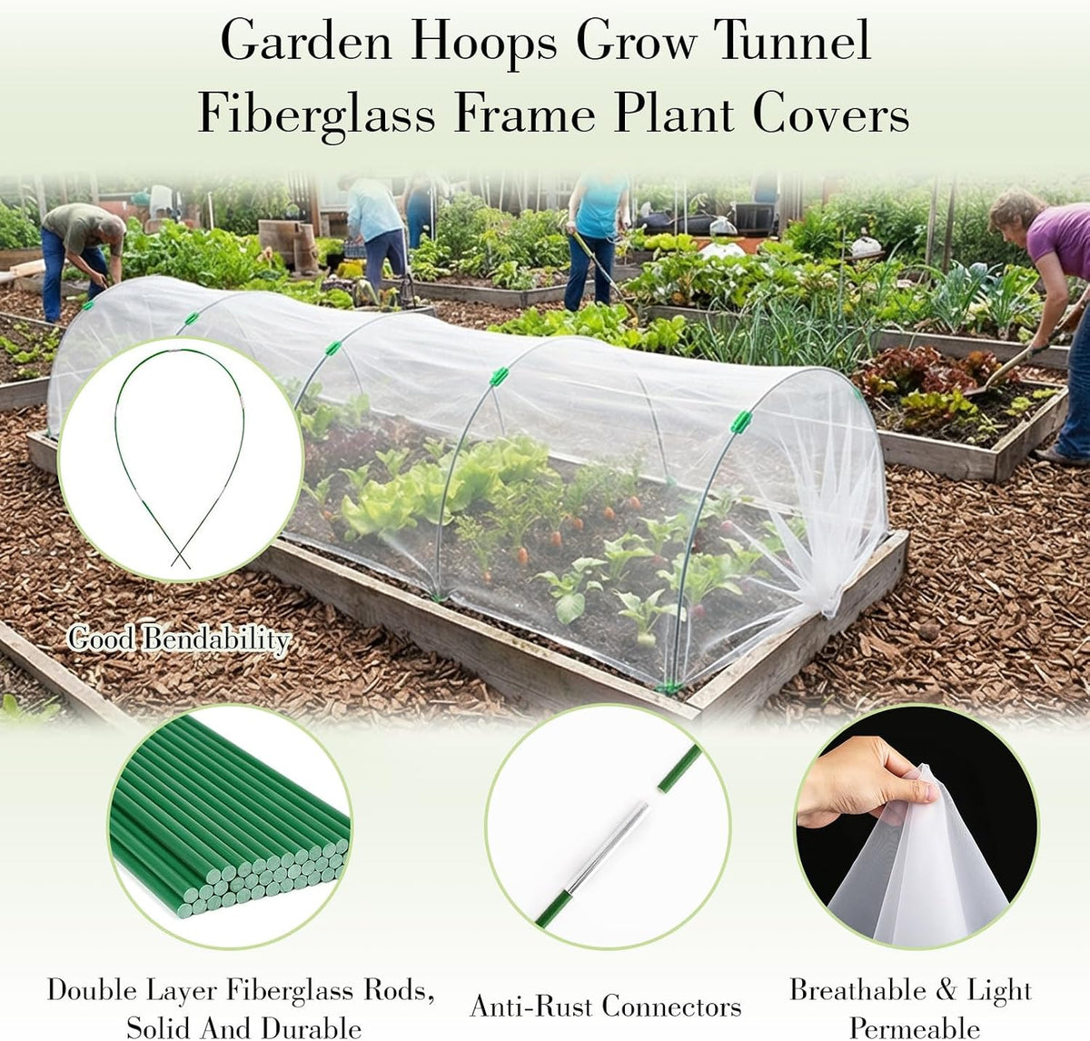 Garden Mesh Netting Kit with Hoops, 36Pcs Greenhouse Hoops Grow Tunnel Garden Covers for Raised Bed Fiberglass Frame Plant Protection Row Cover for Vegetable Fruit Flowers