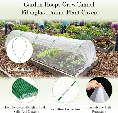 Garden Mesh Netting Kit with Hoops, 36Pcs Greenhouse Hoops Grow Tunnel Garden Covers for Raised Bed Fiberglass Frame Plant Protection Row Cover for Vegetable Fruit Flowers