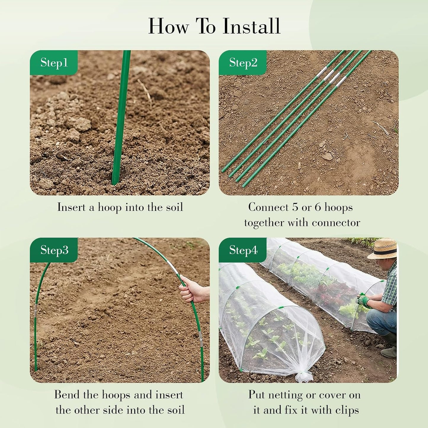 Garden Mesh Netting Kit with Hoops, 36Pcs Greenhouse Hoops Grow Tunnel Garden Covers for Raised Bed Fiberglass Frame Plant Protection Row Cover for Vegetable Fruit Flowers