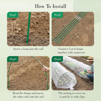 Garden Mesh Netting Kit with Hoops, 36Pcs Greenhouse Hoops Grow Tunnel Garden Covers for Raised Bed Fiberglass Frame Plant Protection Row Cover for Vegetable Fruit Flowers