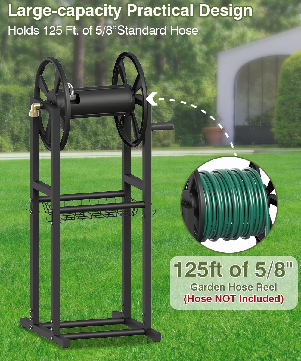 Freestanding Garden Hose Reel holds 125ft Hose of 5/8" with 4 Hooks, 4-Spike Outdoor Hose Holder with 3.9ft Leader Hose & Brass Fitting, Detachable Metal Hose Stand with Storage Rack, Black