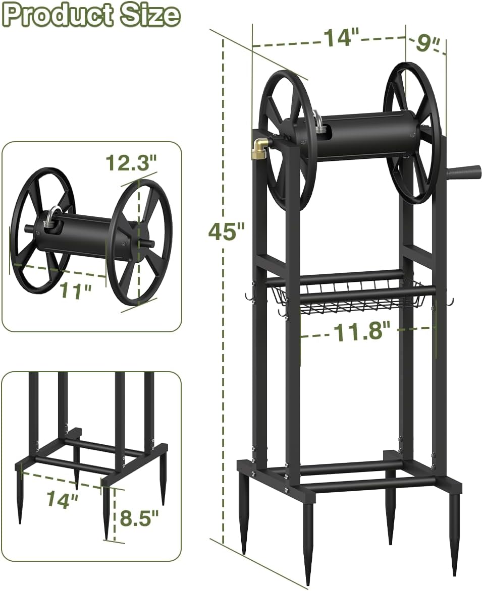 Freestanding Garden Hose Reel holds 125ft Hose of 5/8" with 4 Hooks, 4-Spike Outdoor Hose Holder with 3.9ft Leader Hose & Brass Fitting, Detachable Metal Hose Stand with Storage Rack, Black