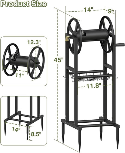 Freestanding Garden Hose Reel holds 125ft Hose of 5/8" with 4 Hooks, 4-Spike Outdoor Hose Holder with 3.9ft Leader Hose & Brass Fitting, Detachable Metal Hose Stand with Storage Rack, Black