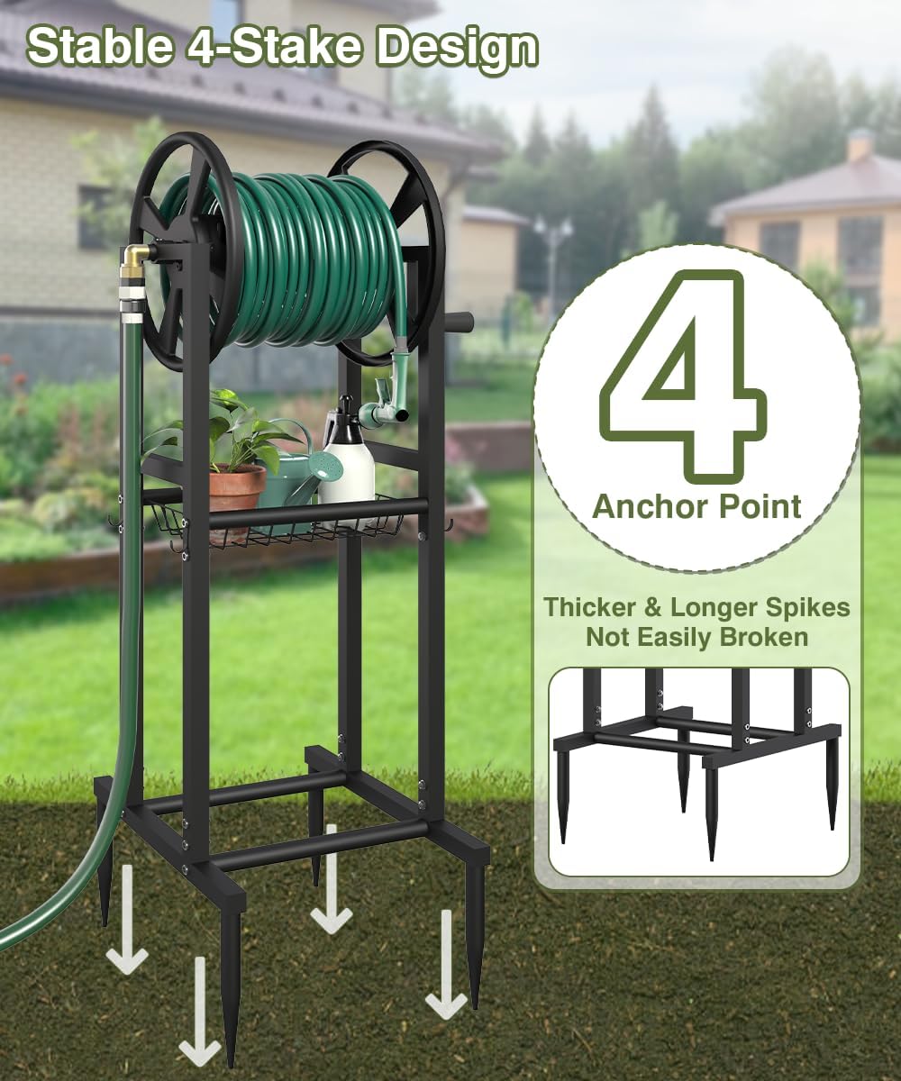 Freestanding Garden Hose Reel holds 125ft Hose of 5/8" with 4 Hooks, 4-Spike Outdoor Hose Holder with 3.9ft Leader Hose & Brass Fitting, Detachable Metal Hose Stand with Storage Rack, Black