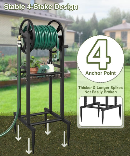 Freestanding Garden Hose Reel holds 125ft Hose of 5/8" with 4 Hooks, 4-Spike Outdoor Hose Holder with 3.9ft Leader Hose & Brass Fitting, Detachable Metal Hose Stand with Storage Rack, Black