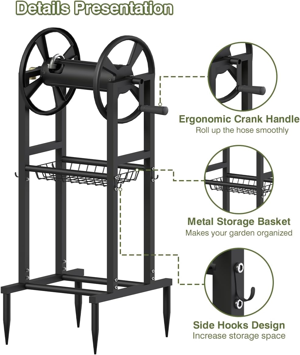 Freestanding Garden Hose Reel holds 125ft Hose of 5/8" with 4 Hooks, 4-Spike Outdoor Hose Holder with 3.9ft Leader Hose & Brass Fitting, Detachable Metal Hose Stand with Storage Rack, Black