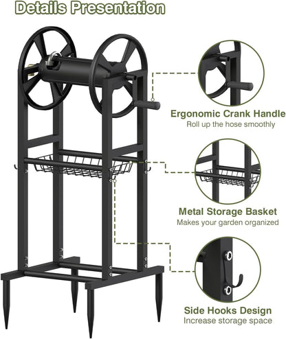 Freestanding Garden Hose Reel holds 125ft Hose of 5/8" with 4 Hooks, 4-Spike Outdoor Hose Holder with 3.9ft Leader Hose & Brass Fitting, Detachable Metal Hose Stand with Storage Rack, Black