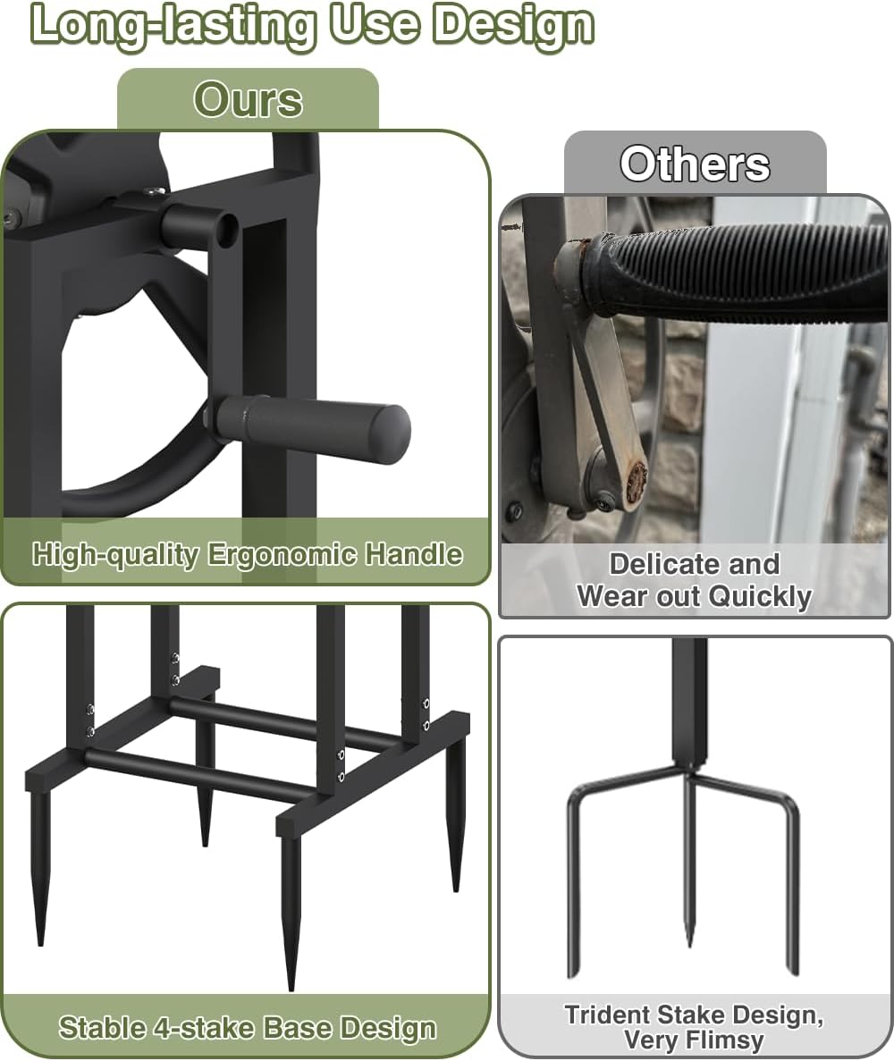 Freestanding Garden Hose Reel holds 125ft Hose of 5/8" with 4 Hooks, 4-Spike Outdoor Hose Holder with 3.9ft Leader Hose & Brass Fitting, Detachable Metal Hose Stand with Storage Rack, Black