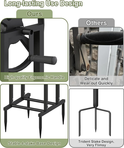 Freestanding Garden Hose Reel holds 125ft Hose of 5/8" with 4 Hooks, 4-Spike Outdoor Hose Holder with 3.9ft Leader Hose & Brass Fitting, Detachable Metal Hose Stand with Storage Rack, Black