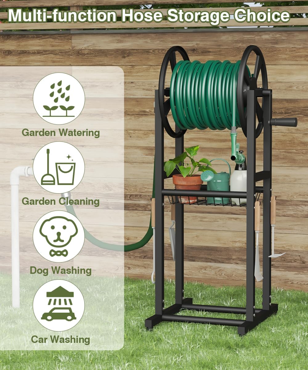 Freestanding Garden Hose Reel holds 125ft Hose of 5/8" with 4 Hooks, 4-Spike Outdoor Hose Holder with 3.9ft Leader Hose & Brass Fitting, Detachable Metal Hose Stand with Storage Rack, Black