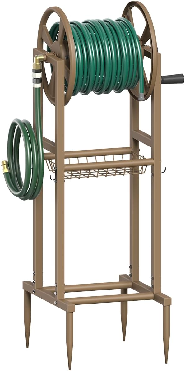 Freestanding Garden Hose Reel holds 125ft Hose of 5/8" with 4 Hooks, 4-Spike Outdoor Hose Holder with 3.9ft Leader Hose & Brass Fitting, Detachable Metal Hose Stand with Storage Rack, Black