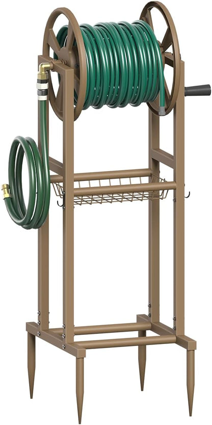 Freestanding Garden Hose Reel holds 125ft Hose of 5/8" with 4 Hooks, 4-Spike Outdoor Hose Holder with 3.9ft Leader Hose & Brass Fitting, Detachable Metal Hose Stand with Storage Rack, Black