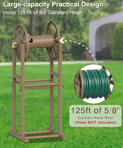 Freestanding Garden Hose Reel holds 125ft Hose of 5/8" with 4 Hooks, 4-Spike Outdoor Hose Holder with 3.9ft Leader Hose & Brass Fitting, Detachable Metal Hose Stand with Storage Rack, Black