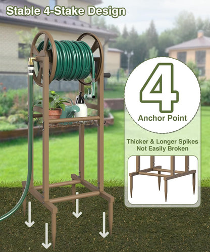 Freestanding Garden Hose Reel holds 125ft Hose of 5/8" with 4 Hooks, 4-Spike Outdoor Hose Holder with 3.9ft Leader Hose & Brass Fitting, Detachable Metal Hose Stand with Storage Rack, Black