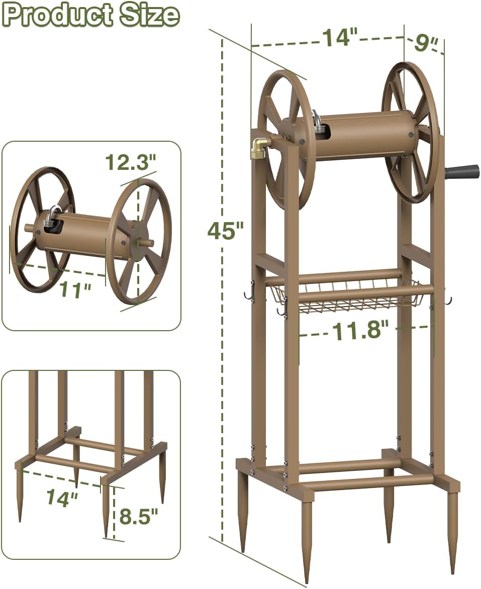Freestanding Garden Hose Reel holds 125ft Hose of 5/8" with 4 Hooks, 4-Spike Outdoor Hose Holder with 3.9ft Leader Hose & Brass Fitting, Detachable Metal Hose Stand with Storage Rack, Black