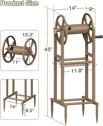 Freestanding Garden Hose Reel holds 125ft Hose of 5/8" with 4 Hooks, 4-Spike Outdoor Hose Holder with 3.9ft Leader Hose & Brass Fitting, Detachable Metal Hose Stand with Storage Rack, Black