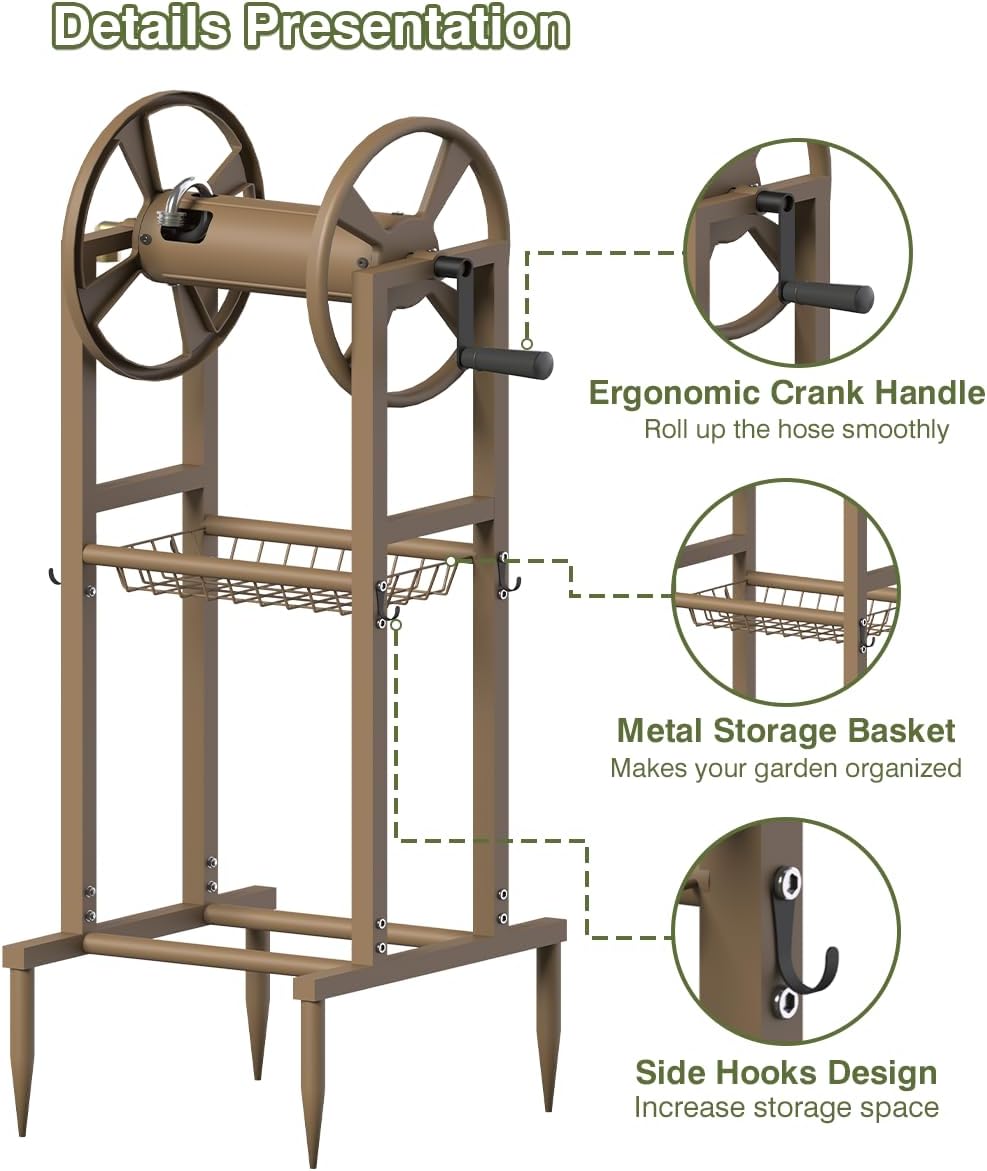 Freestanding Garden Hose Reel holds 125ft Hose of 5/8" with 4 Hooks, 4-Spike Outdoor Hose Holder with 3.9ft Leader Hose & Brass Fitting, Detachable Metal Hose Stand with Storage Rack, Black