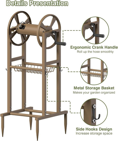 Freestanding Garden Hose Reel holds 125ft Hose of 5/8" with 4 Hooks, 4-Spike Outdoor Hose Holder with 3.9ft Leader Hose & Brass Fitting, Detachable Metal Hose Stand with Storage Rack, Black
