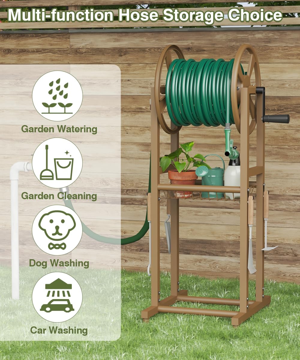 Freestanding Garden Hose Reel holds 125ft Hose of 5/8" with 4 Hooks, 4-Spike Outdoor Hose Holder with 3.9ft Leader Hose & Brass Fitting, Detachable Metal Hose Stand with Storage Rack, Black