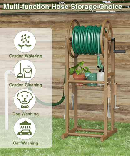 Freestanding Garden Hose Reel holds 125ft Hose of 5/8" with 4 Hooks, 4-Spike Outdoor Hose Holder with 3.9ft Leader Hose & Brass Fitting, Detachable Metal Hose Stand with Storage Rack, Black