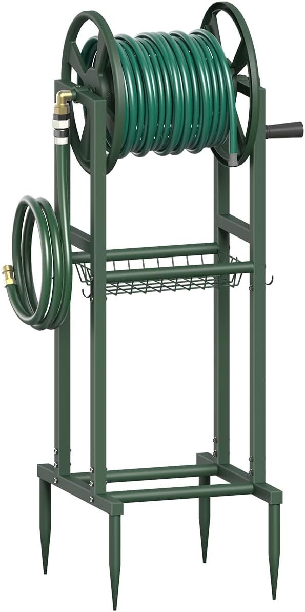 Freestanding Garden Hose Reel holds 125ft Hose of 5/8" with 4 Hooks, 4-Spike Outdoor Hose Holder with 3.9ft Leader Hose & Brass Fitting, Detachable Metal Hose Stand with Storage Rack, Black