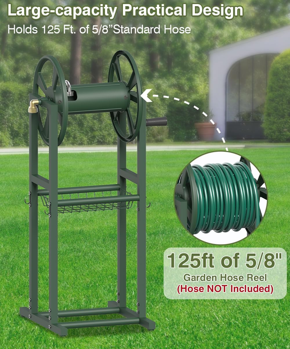 Freestanding Garden Hose Reel holds 125ft Hose of 5/8" with 4 Hooks, 4-Spike Outdoor Hose Holder with 3.9ft Leader Hose & Brass Fitting, Detachable Metal Hose Stand with Storage Rack, Black