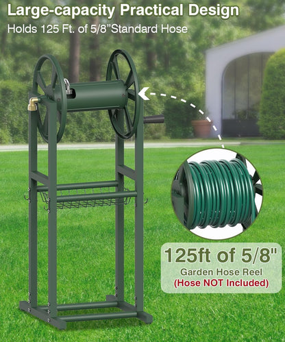 Freestanding Garden Hose Reel holds 125ft Hose of 5/8" with 4 Hooks, 4-Spike Outdoor Hose Holder with 3.9ft Leader Hose & Brass Fitting, Detachable Metal Hose Stand with Storage Rack, Black