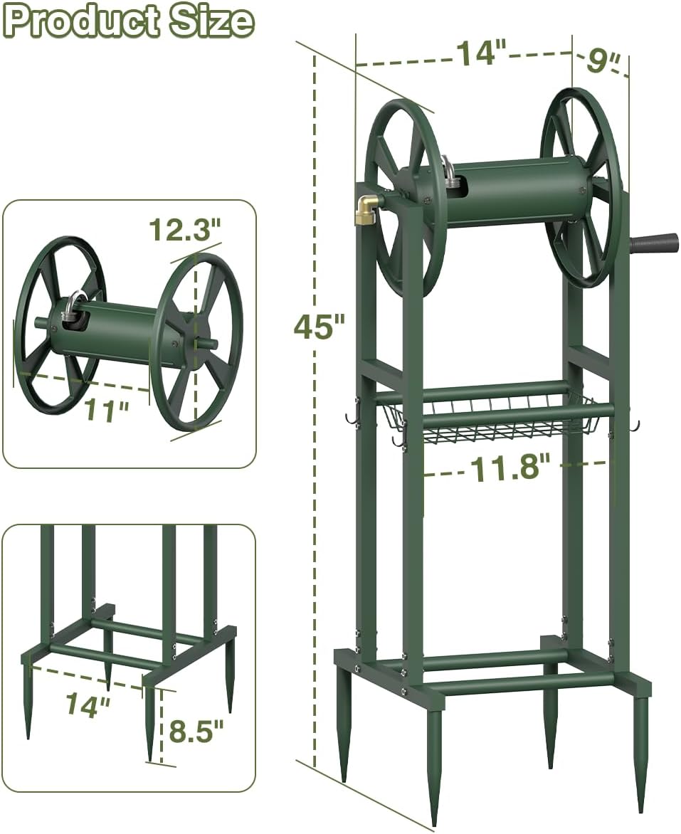 Freestanding Garden Hose Reel holds 125ft Hose of 5/8" with 4 Hooks, 4-Spike Outdoor Hose Holder with 3.9ft Leader Hose & Brass Fitting, Detachable Metal Hose Stand with Storage Rack, Black