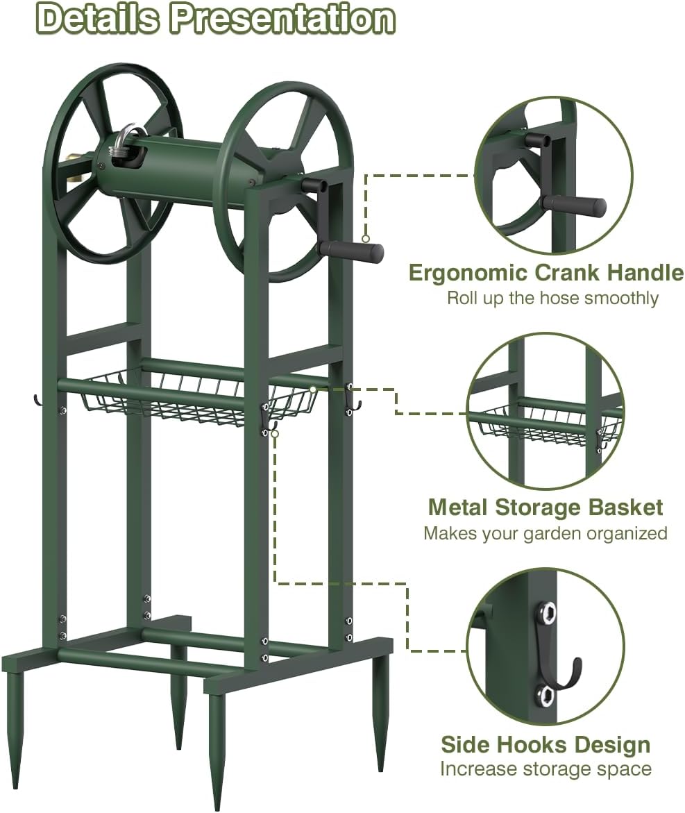 Freestanding Garden Hose Reel holds 125ft Hose of 5/8" with 4 Hooks, 4-Spike Outdoor Hose Holder with 3.9ft Leader Hose & Brass Fitting, Detachable Metal Hose Stand with Storage Rack, Black