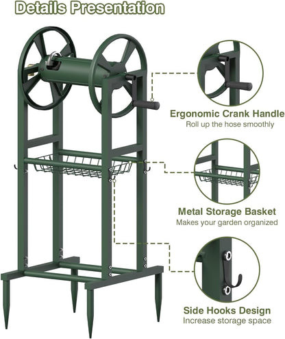 Freestanding Garden Hose Reel holds 125ft Hose of 5/8" with 4 Hooks, 4-Spike Outdoor Hose Holder with 3.9ft Leader Hose & Brass Fitting, Detachable Metal Hose Stand with Storage Rack, Black
