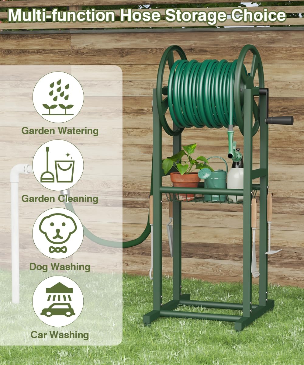Freestanding Garden Hose Reel holds 125ft Hose of 5/8" with 4 Hooks, 4-Spike Outdoor Hose Holder with 3.9ft Leader Hose & Brass Fitting, Detachable Metal Hose Stand with Storage Rack, Black