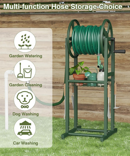 Freestanding Garden Hose Reel holds 125ft Hose of 5/8" with 4 Hooks, 4-Spike Outdoor Hose Holder with 3.9ft Leader Hose & Brass Fitting, Detachable Metal Hose Stand with Storage Rack, Black