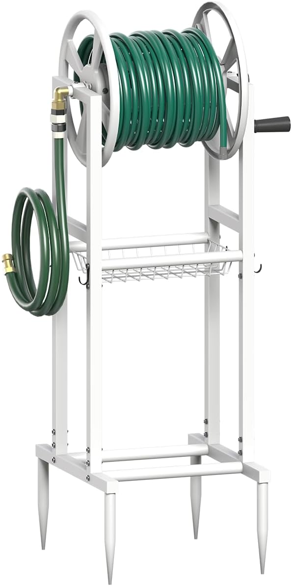 Freestanding Garden Hose Reel holds 125ft Hose of 5/8" with 4 Hooks, 4-Spike Outdoor Hose Holder with 3.9ft Leader Hose & Brass Fitting, Detachable Metal Hose Stand with Storage Rack, Black