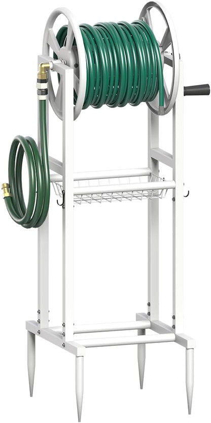 Freestanding Garden Hose Reel holds 125ft Hose of 5/8" with 4 Hooks, 4-Spike Outdoor Hose Holder with 3.9ft Leader Hose & Brass Fitting, Detachable Metal Hose Stand with Storage Rack, Black