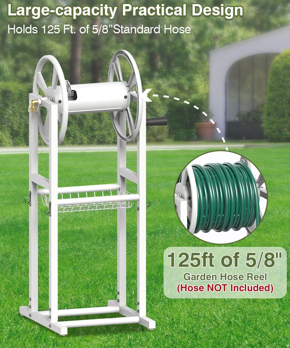 Freestanding Garden Hose Reel holds 125ft Hose of 5/8" with 4 Hooks, 4-Spike Outdoor Hose Holder with 3.9ft Leader Hose & Brass Fitting, Detachable Metal Hose Stand with Storage Rack, Black