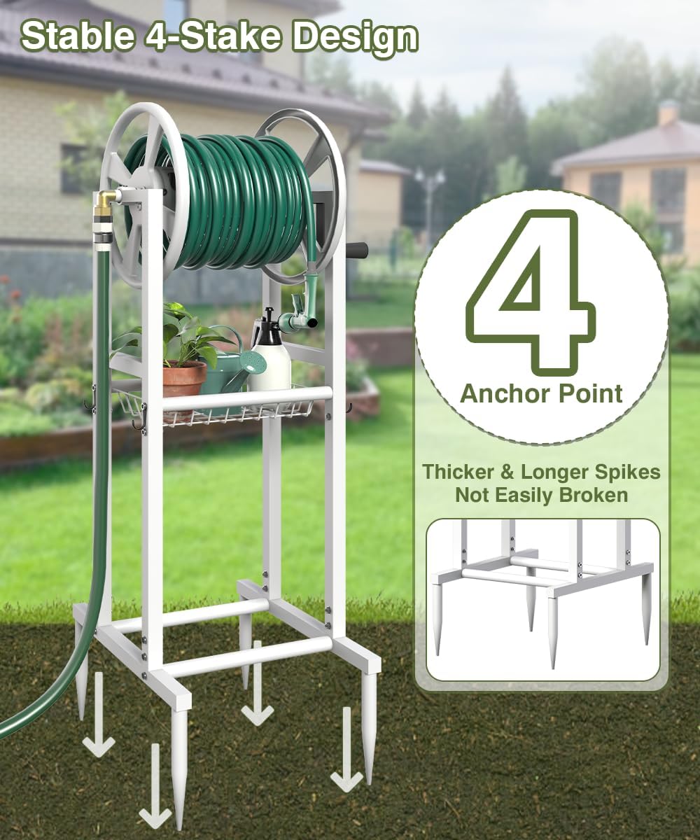 Freestanding Garden Hose Reel holds 125ft Hose of 5/8" with 4 Hooks, 4-Spike Outdoor Hose Holder with 3.9ft Leader Hose & Brass Fitting, Detachable Metal Hose Stand with Storage Rack, Black