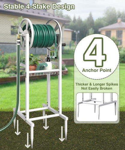 Freestanding Garden Hose Reel holds 125ft Hose of 5/8" with 4 Hooks, 4-Spike Outdoor Hose Holder with 3.9ft Leader Hose & Brass Fitting, Detachable Metal Hose Stand with Storage Rack, Black
